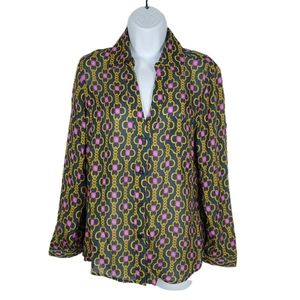 Larsen Gray Printed Long Sleeve Button Front Blous